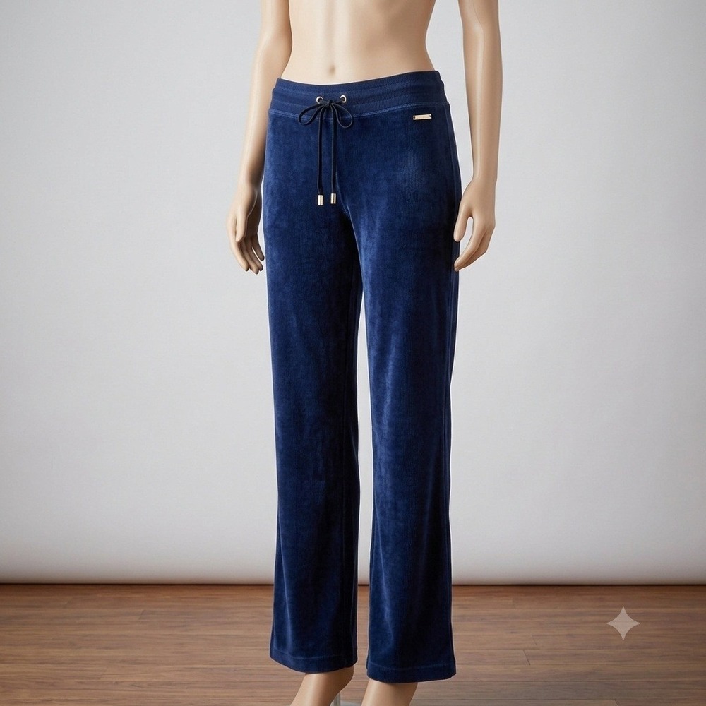 Halston Navy Blue Velour Wide Leg Lounge Pants Gold Hardware Womens Large